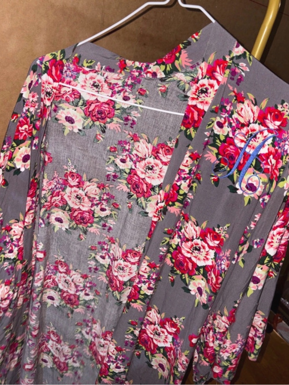 Floral Open Front Women's Top - Gray with Pink Floral
